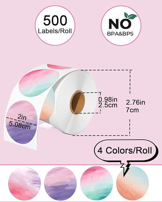 2 inch Round Thermal Labels - Direct Thermal Stickers, 500 Labels for Printer, 4 Colors