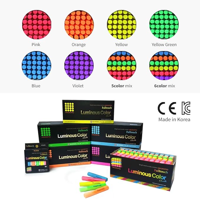 Hagoromo Fulltouch Luminous Chalk 1 Box, Non-Toxic, Dustless [72 Pcs/5 Color Mix]