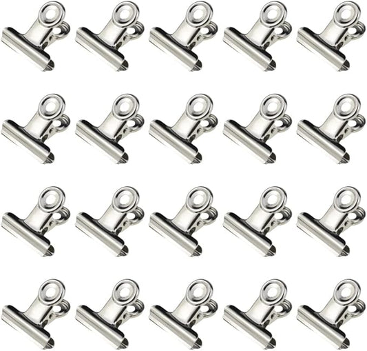 HAHIYO 1.25inch Silver Bulldog Clips Metal File Hinge Binder Clips Clamps Save Space Strong Spring Jaws Rock Solid Grip Book Lay Flat Deburred Edge for Hang Photos Wall Grid Dog Food 20PCS