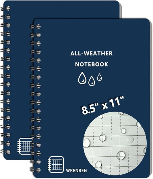2PCS Large Weatherproof Stone Paper Spiral Notebooks 8.5" x 11" with 100 Pages Universal Pattern and PVC Cover, Waterproof Notebooks A4 Size for Outdoor Field (8.5" x 11", Blue)