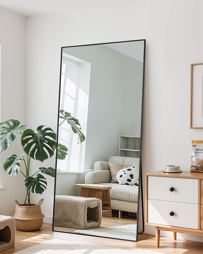 Full Length Mirror, 71"x28" Oversized Floor Mirror Freestanding, Full Body Mirror Floor Standing Mirrors with Stand, Hanging Mounted Mirrors for Bedroom Living Room, Black, Rect Style