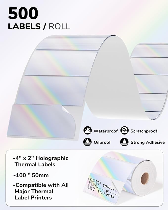 Holographic Square Thermal Labels (4 x 2 inch), Self-Adhesive Direct Thermal Sticker Label, Compatible with All Thermal Shipping Label Printers, for Name, Price Tag, DIY, Logo, 500 Labels/Roll