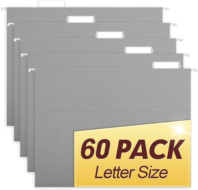 HERKKA Hanging File Folders, 60 Pack Reinforced Letter Size Hanging Folders, Designed for Bulky Files, Filing Cabinet, 1/5-Cut Adjustable Tabs (Gray)