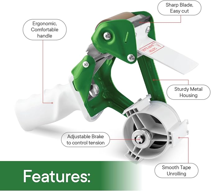 Heavy Duty Metal Frame Tape Gun - 3" Core with Special Ergonomic Handle - Packing Tape Dispenser with Premium Tempered Steel Blade for 2" Tape Rolls