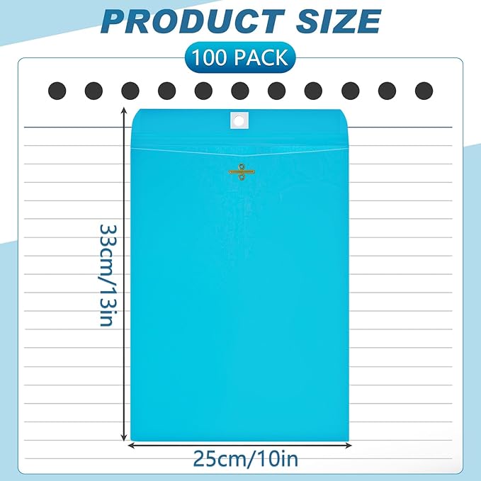 Geyee 100 Pcs Clasp Manilla Envelopes 10 x 13 Inch Gummed Colored Envelopes for Storing or Mailing for Home Office Business Supplies(Lake Blue)