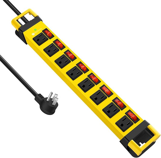 Heavy Duty Power Strip with Individual Switches,8 Outlets 14 Gauge Industrial Shop Garage Metal Multiple Outlets,1200J Surge Protector Mountable Power Strip (Yellow, 25 FT)