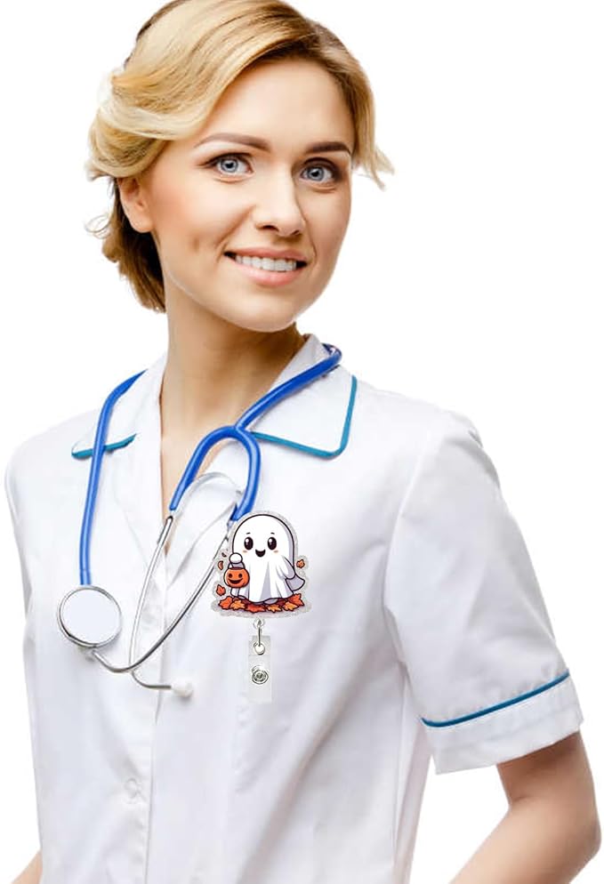 Ghost Badge Reel Retractable Ghost Carrying Basket Badge Clip with Maple Leaves Designs Acrylic Halloween ID Name Holder Clip for Nurse, Teacher, Student, Hospital, Office Worker Name Tag