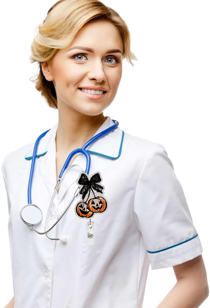 Halloween Badge Reel Retractable Autumn Coquette Pumpkin with Black Bow Acrylic Alligator Clip Halloween Badge Clip ID Card Holder Gifts for Medical Worker Teacher Doctor Cute Halloween Badges Holder