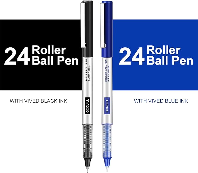GC QUILL 48 Rollerball Pens 0.5mm Needle Point Black Liquid Ink Pens 24 and Blue Liquid Ink Pens 24 for Bullet Journaling, Office Supplies for Writing, Taking Notes & Sketching BKL48