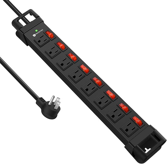 Heavy Duty Power Strip with Individual Switches,8 Outlets 14 Gauge Industrial Shop Garage Metal Multiple Outlets,1200J Surge Protector Mountable Power Strip,10FT Extension Cord Management(Black)