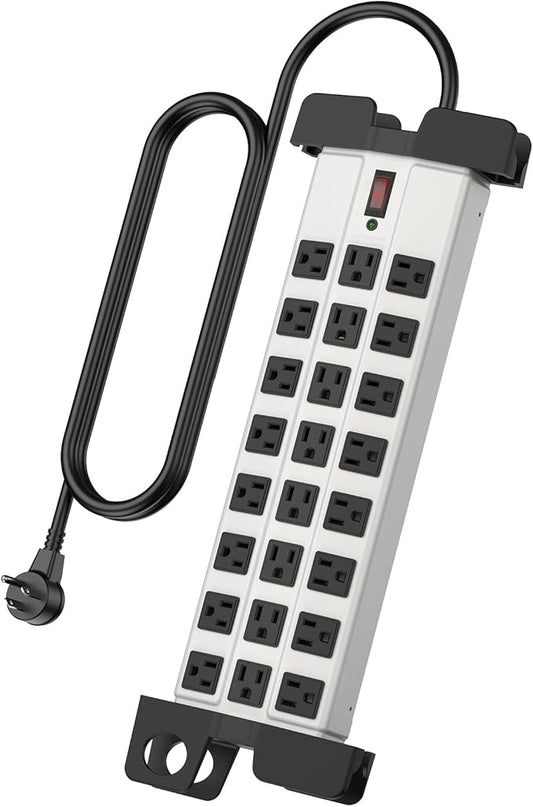 HHSOET Heavy Duty Power Strip with Surge Protection, Industrial Commercial Metal 24 Outlets Wall Mount for Garage Shop, 15 Amp, Switch, 6FT Extension Cord, Grey.
