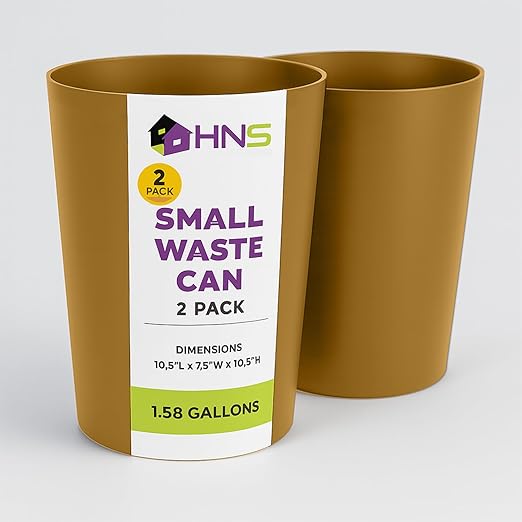 HOLDN’ STORAGE Small Trash Can - Set of 2 Open Top Waste Bin of 1.58 Gallon, Compact Waste Can Perfect for Bathroom, Kitchen, Office, Dorm - Durable Garbage Can - Soft Brass