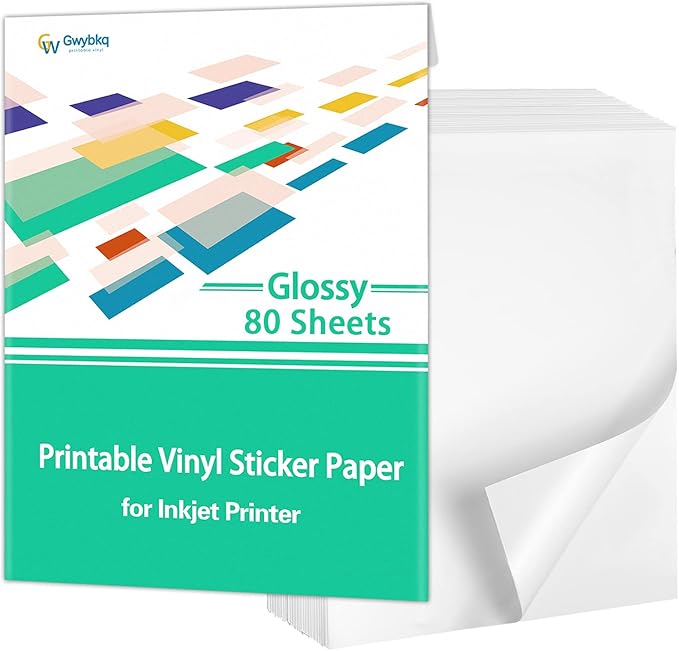 Gwybkq Glossy Sticker Paper Printable Vinyl for Inkjet Printer, 80 Sheets Labels Waterproof Decal Paper