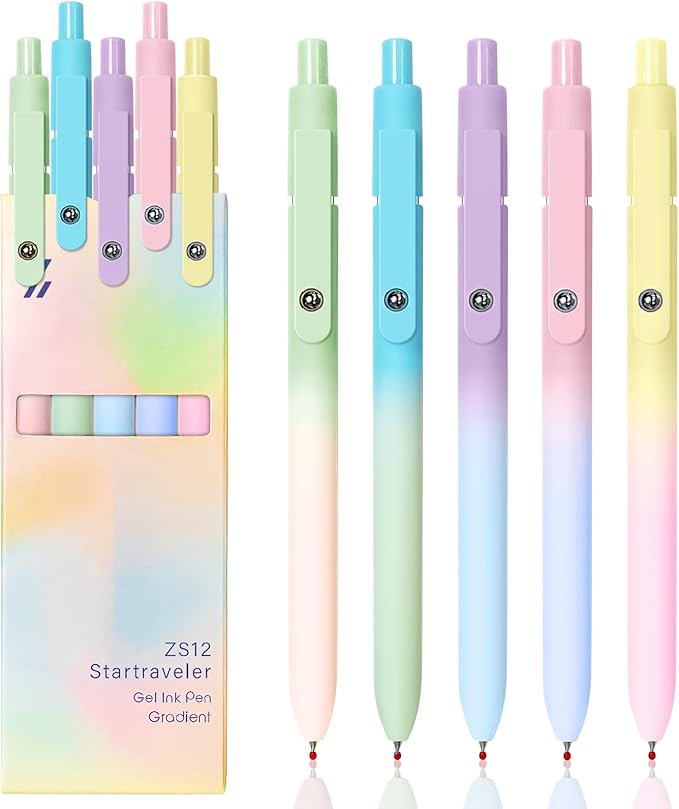 Gel Pens, 5 Pcs Black Ink Pens for Women, 0.7mm Medium Point Smooth Writing Pens with Silicone Grip, High-End Series Metal Clip Retractable Pens for Journaling Note Taking (5 Pcs Pastel)