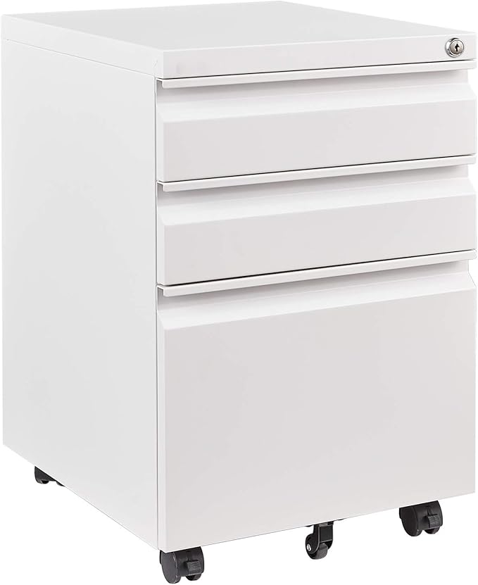 3 Drawer Mobile File Cabinet with Lock,Under Desk Filing Cabinet for Home Office, Metal Filing Cabinets on Wheels for Legal/Letter/A4 File, Fully Assembled Except Wheels, White