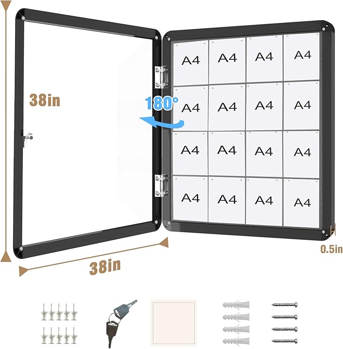 38"x38" Enclosed Bulletin Board, Lockable Weather-Resistant Aluminum Cork Noticeboard for School & Office, Black Frame w/Grey Flet