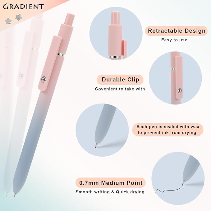 Gel Pens, 5Pcs Smooth Writing Medium Point 0.7mm Pens for Journaling, Black Ink Cute Stationary Office Desk Accessories, Aesthetic School Office Supplies for Women (5Pcs Gradient-Black Ink)