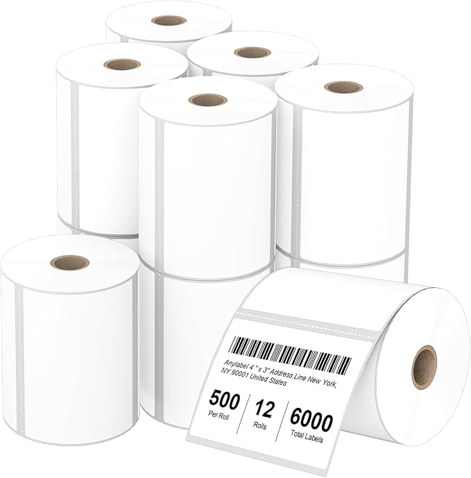 4" x 3" Direct Thermal Labels, Thermal Printer Labels for Shipping Address Barcodes, Thermal Stickers Compatible with Zebra, Rollo, Munbyn Thermal Labels Printers (12 Rolls, 500 Labels/Roll)