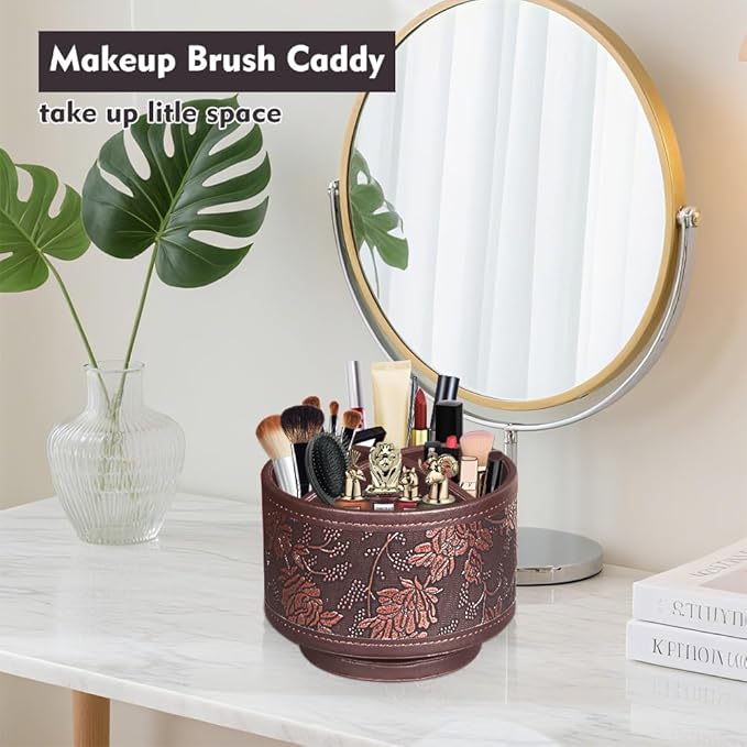 360° Rotating Pen Holder for Desk, Leather Pencil Pen Organizer Remote Control Holder Table Desktop Nightstand Organizer Caddy Storage, Office Desk Organizers And Accessories 5.5x5.5x4.0 Inch