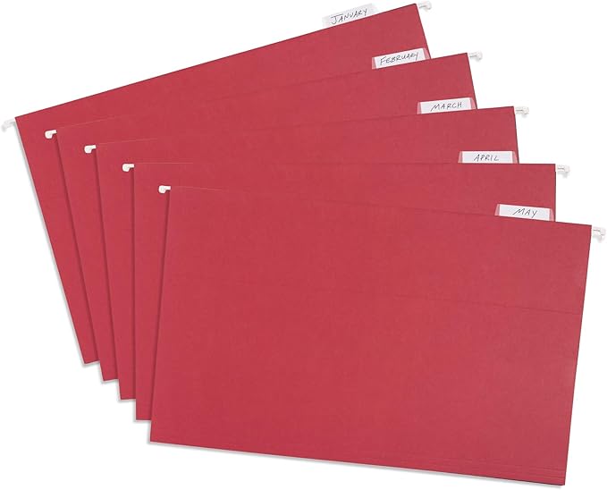 25 Blue Summit Supplies Legal Size Hanging File Folders - Red Hanging File Folders with Plastic Tabs and Inserts, Durable 11pt Paper, 25 Pack