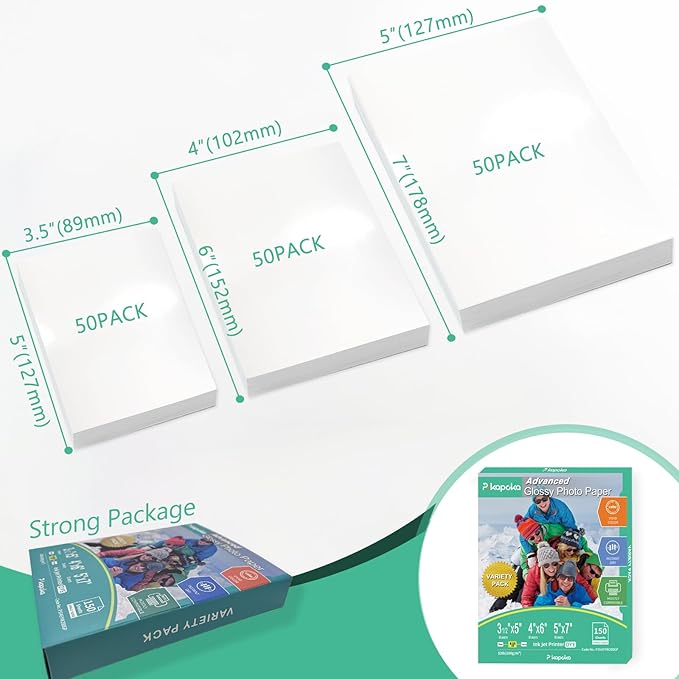 Glossy Photo Paper 3.5x5, 4x6, 5x7, Photo Printer Paper for Inkjet, 150 Bulk Variety Pack, Assorted Sizes, 52lb/200gsm (P3545YW200GP)