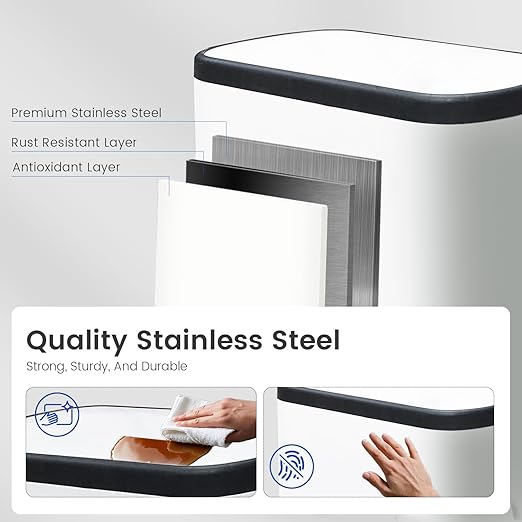 16 Gallon Dual Trash Can, Kitchen Recycling Bins with 2 x 8 Gallon Compartments, 2 Plastic Removable Liners, Soft-Close Lid, Stainless Steel Step Trash Can, White