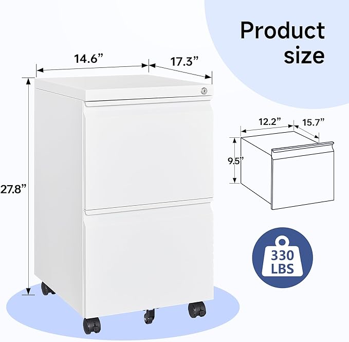 2 Drawer Mobile File Cabinet with Lock for Home Office, Small Rolling Cabinet for Legal/Letter/A4 (White)