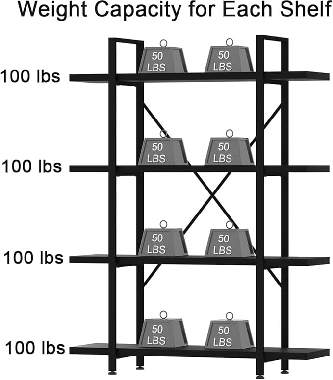 HSH 4 Tier Black Bookshelf, Industrial Metal Wood Storage Book Shelves, Modern Open 4 Shelf Bookcase and Display Etagere, Vertical Book Shelf for Bedroom Living Room Office