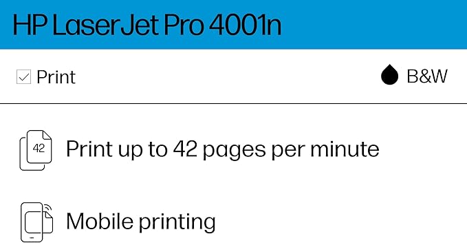 HP LaserJet Pro 4001n Black & White Printer, Print, Fast speeds, Easy setup, Mobile printing, Advanced security, USB, Ethernet Connection, Best-For-Office
