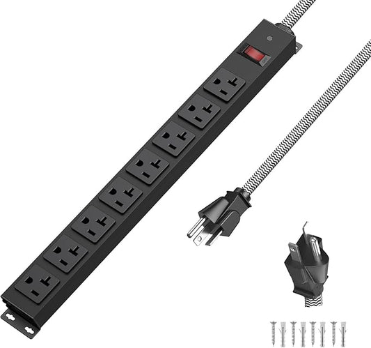 20 Amp Power Strip Heavy Duty, 12 Gauge Extension Cord for Appliance Workbench Garage Industrial, Metal 8 Outlets Combine with T-Plug Adapter 5-20R T-Slot, 1200J Surge Protector