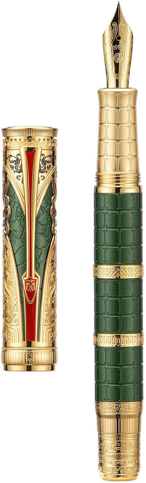Hongdian D5X Fountain Pen - Green Qin Dynasty Retro Chinese Totem Engraving, Extra Fine Nib, Smooth Writing with Converter and Pen Box Set