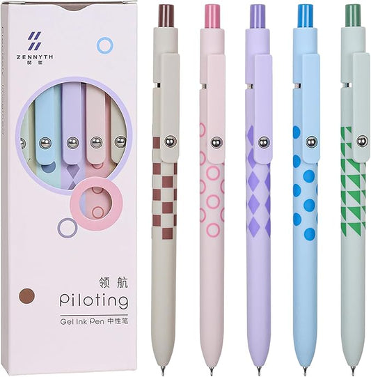 Gel Pens, 5Pcs 0.5mm Fine Point Pens With Smooth Wirting,Quick Dry Aesthetic Pens For Journaling, Ballpoint for Office School Supplies,Gifts for Women Men Student(Geometric Multicolor)