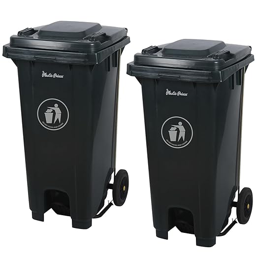 32 Gallon Step-On Large Outdoor Trash Can with Lid and Wheels - Outside Plastic Rolling Garbage Can - Rollout Commercial Heavy-Duty Container Barrel, Gray 2 Pack
