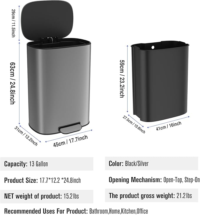 13 Gallon Stainless Steel Foot Pedal Large Trash Can with Soft Close Quiet Lid, Stainless Steel Thickened Body Oval Garbage Can with 30 Garbage Bags for Kitchen/Home/Office and More - Silver Gray