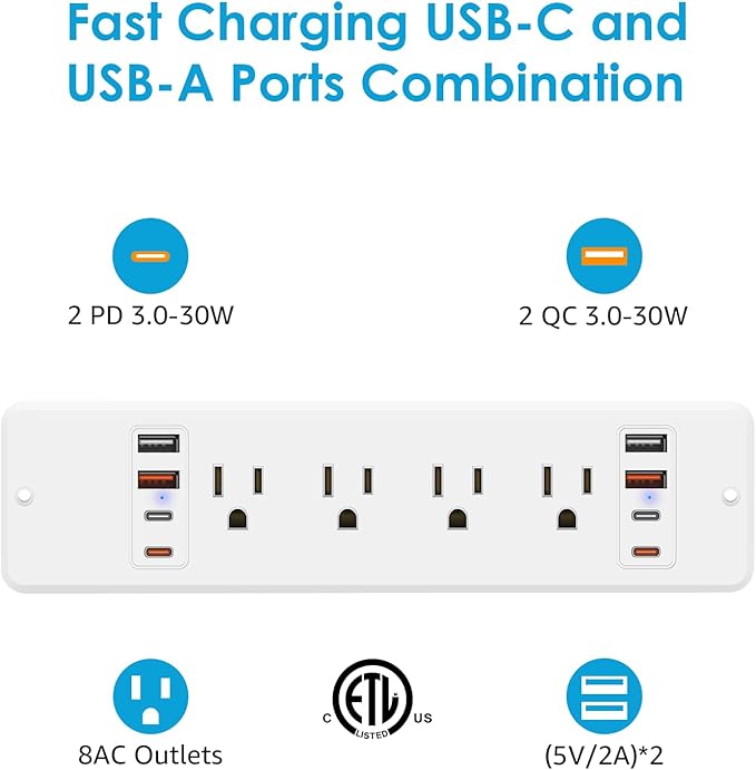 HHSOET 16 in 1 Recessed Power Strip Flat Plug, 30W Fast Charging Furniture Outlet with USB, Conference Recessed Surge Protection with 8 AC Plugs, 4 USB Ports 4 USB-C, 6ft Power Cord.(White)