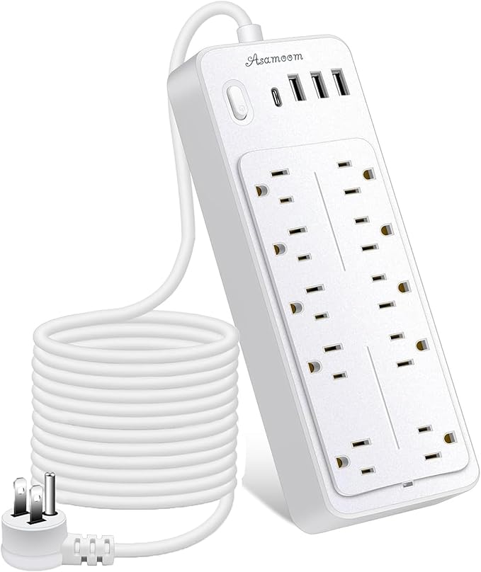 25 FT Power Strip with Surge Protection 1625W/13A, 14 Outlets and 4 USB Ports (1 USB-C), 16AWG, 1700J Flat Plug, White, ETL Listed