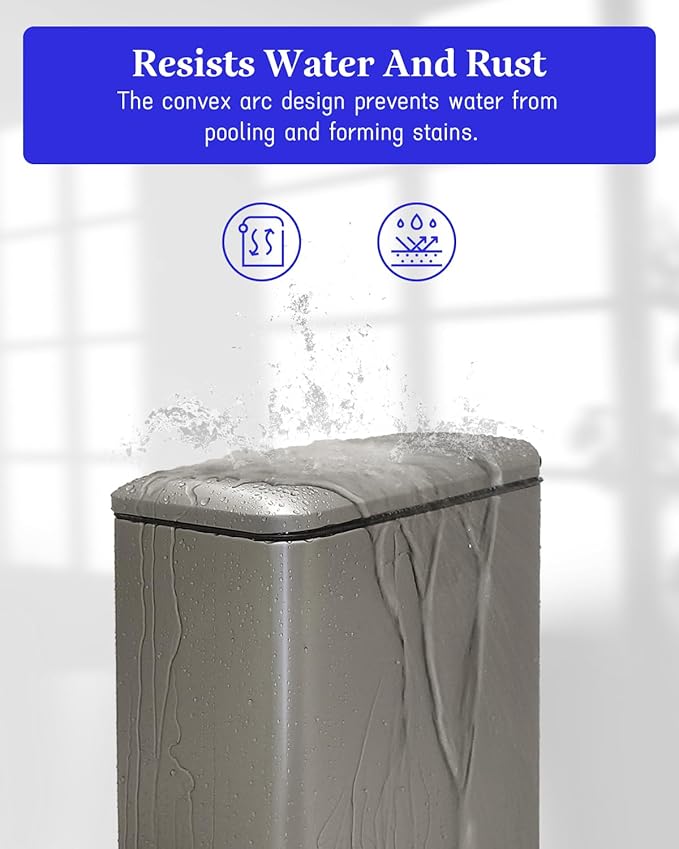 Grey Trash Can, 2.6 Gallon Bathroom Trash Can with Lid, Stainless Steel Garbage Can with Removable Liner, 10 Liter Rectangle Step Trash Bin for Office, Kitchen, Bedroom, Living Room, Dorm