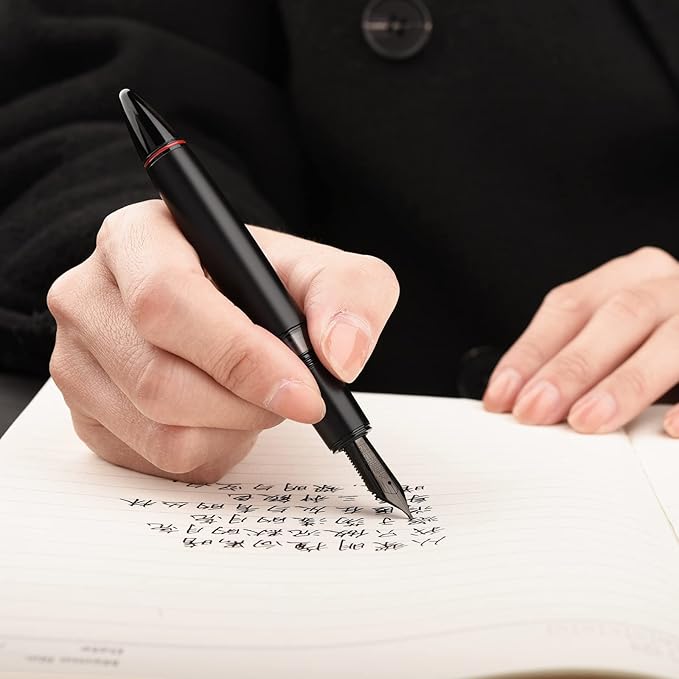 Hongdian N6 Black Metal Resin Piston Fountain Pen, Extra Fine Nib Classic Pen, Includes Metal Box Writing Pen