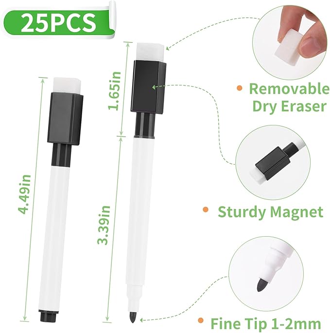 200 Pcs Black Magnetic Dry Erase Markers with Eraser Cap, White Board Mini Dry erase Markers Bulk, Fine Point Tip Student White Board Markers for Teachers Office School Supplies