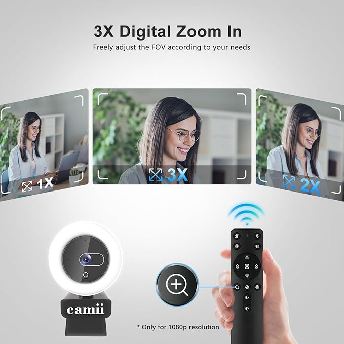4K Webcam with Light, HD Webcam for PC with Remote Control, Built-in Privacy Cover, Adjustable Brightness, Noise Reduction Mics, for Zoom Skype Teams Laptop and Google Meet