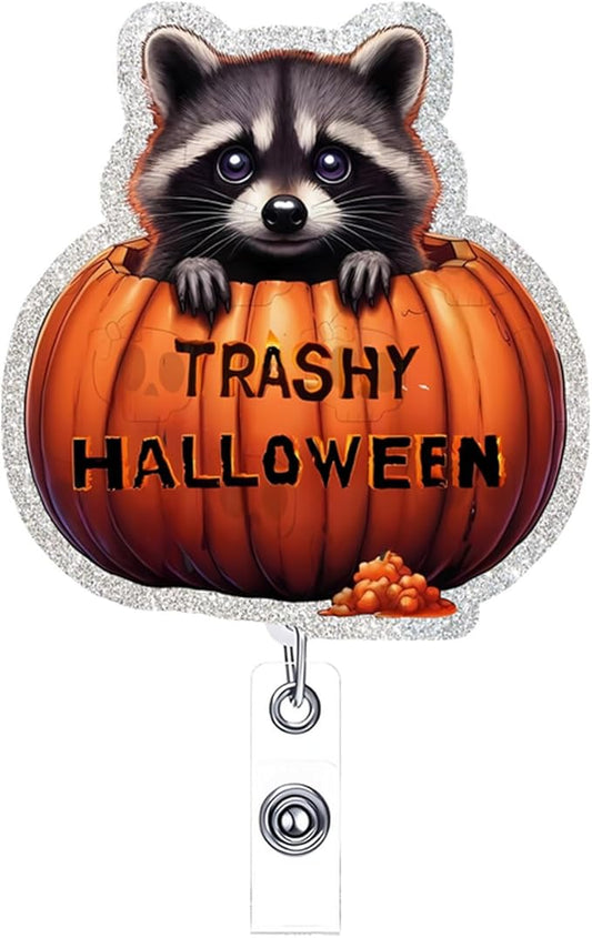 Halloween Badge Reel Retractable Cute Raccoon Name Tag Acrylic Alligator Clip Halloween Raccoon Sitting in Pumpkin Designs Badge Clip ID Spooky Badge Holder for Nurse Student Teacher