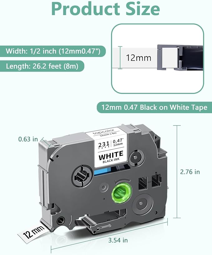 20-Pack 12mm 0.47 Laminated White Tape Tz231 Compatible for Brother Tze-231 P Touch Tze Tz Label Tape Refills Tze231 for PTH110 PTD220 PTD210 PTH103W PTD400 PT1280 PT1290 PT2040 Label Maker