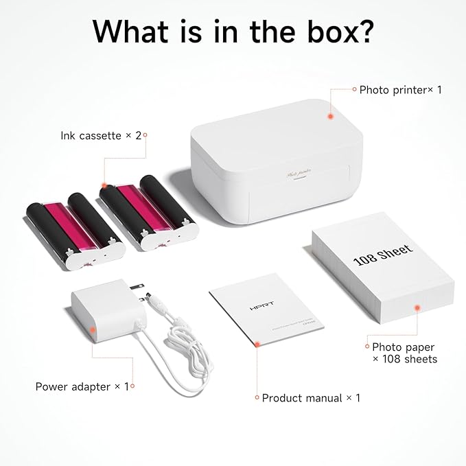 HPRT Photo Printer 4x6 with 108 Sheet Photo Paper& 2 Ribbon, Instant Picture Printer for iPhone, Smartphone, Thermal Dye Sublimation, WI-Fi Connnecting, Home Use, White