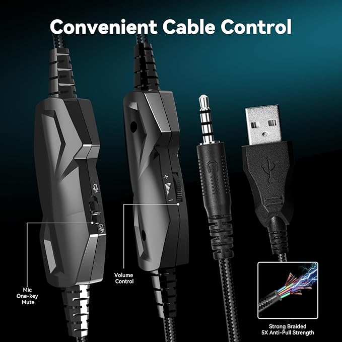 Gaming Headset with Microphone for Pc, Xbox One Series X/s, Ps4, Ps5, Switch, Stereo Wired Noise Cancelling Over-Ear Headphones with Mic, RGB, for Computer, Laptop, Mac, Nintendo, Gamer (Black)