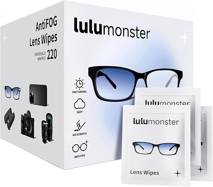 220 Count Anti Fog Lens Wipes for Eyeglasses, [Pre-Moistened Individually Wrapped Wipes] [Non-Scratching & Non-Streaking] Cleaner Wipes for Glasses, Sunglass, Phone Screen Camera Lens, Goggles