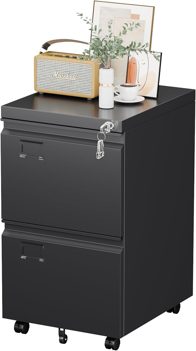 2 Drawers Mobile File Cabinet, Metal Under Desk Cabinet with Lock, for Office & Home, Legal/Letter Size, W14.57”x D17.36”x H25.79”, Assembly Required