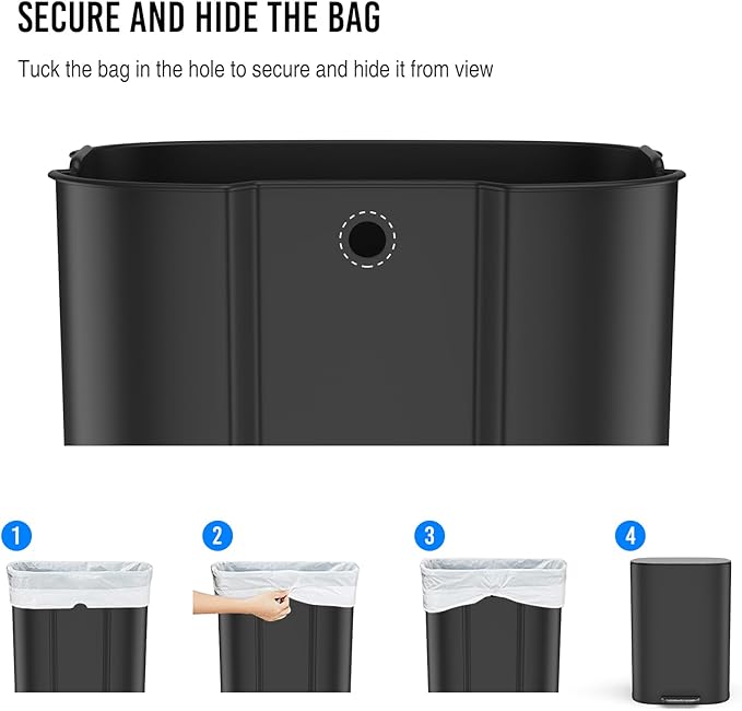 13 Gallon Stainless Steel Foot Pedal Large Trash Can with Soft Close Quiet Lid, Stainless Steel Thickened Body Oval Garbage Can with 30 Garbage Bags for Kitchen/Home/Office and More - Silver Gray