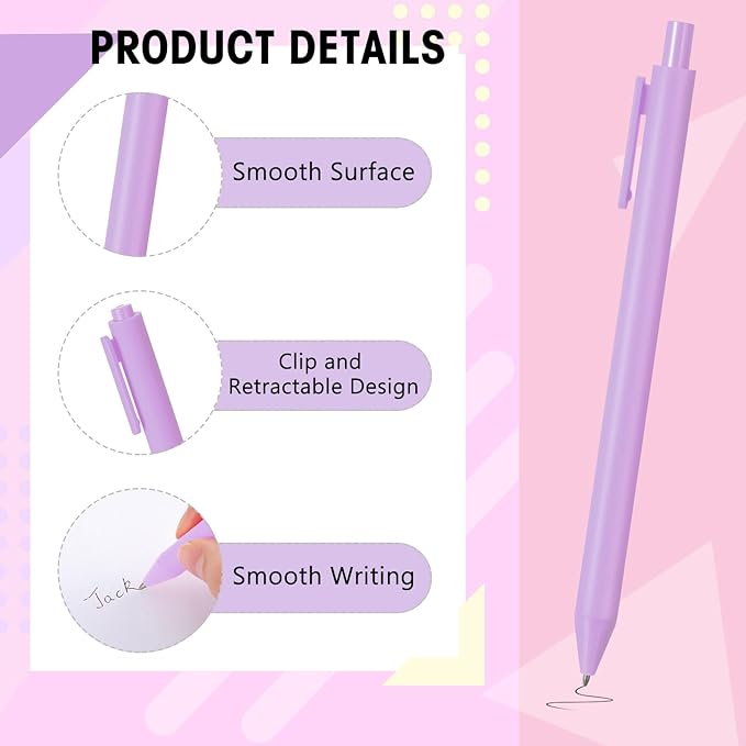 Fulmoon 50 Pcs Ballpoint Pens Bulk Retractable Comfortable Writing Pens Cute Back to School Supplies in Medium Point 1.0 mm for Teacher Student Bridal Shower Baby Shower (Light Purple)
