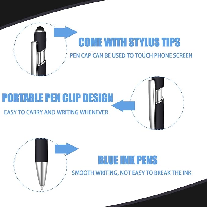24 Pcs Blue Ink Ballpoint Pen with Stylus Tip 2 in 1 Ballpoint Pen 1.0 mm Blue Ink Metal Stylus Pen for Touch Screens Coworkers, Family, Colleagues, Office (Black)