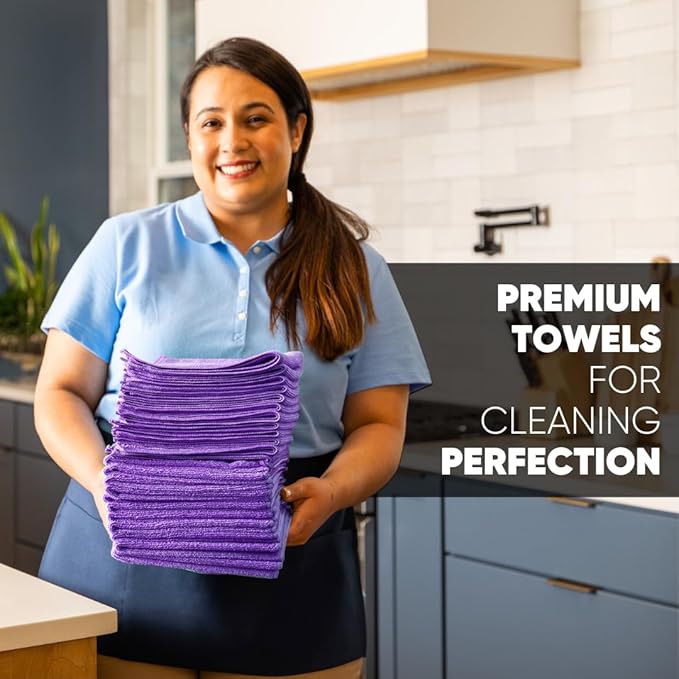 12" x 12" Pro Multi-Surface Microfiber Cleaning Cloths | Purple - 12 Pack | Premium Microfiber Towels for Cleaning Glass, Kitchens, Bathrooms, Automotive, Supplies & Products